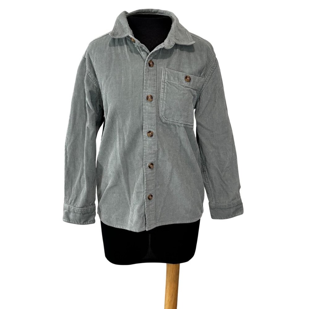 Wonder Nation Girls Green Corduroy Button-Up Shirt L (10-12) Casual Long Sleeve